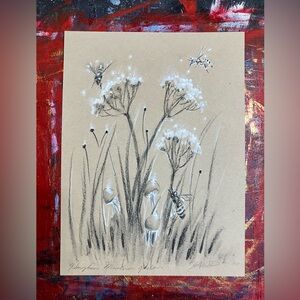 Original Honeybee Mushroom painting Garden art charcoal pastel illustration USA